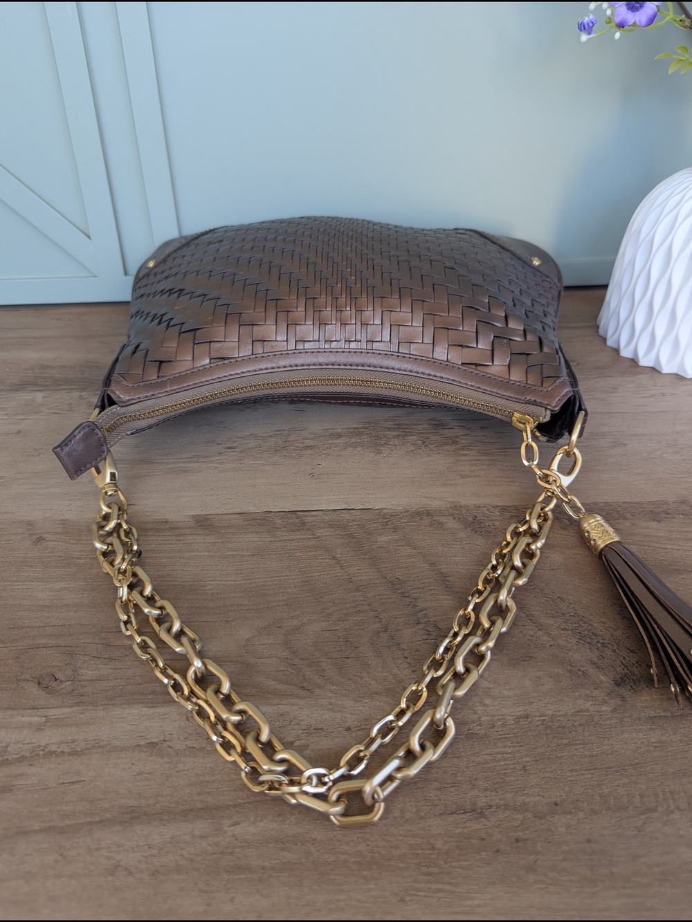 Cole Haan Bronze Woven Leather Shoulder Bag with Gold Chain - Picture 8 of 14